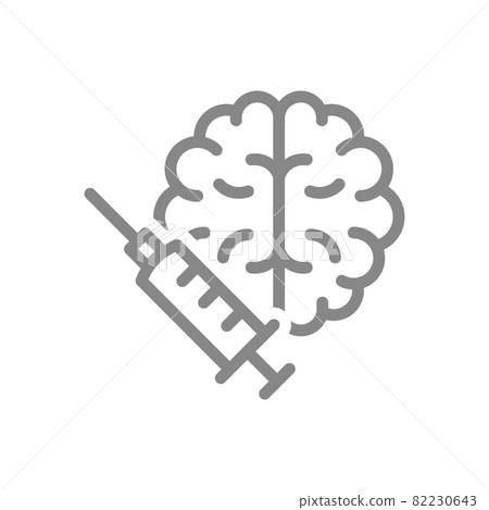 Medical syringe and brain line icon. Vaccination, injection into the brain, medical research symbol 82230643