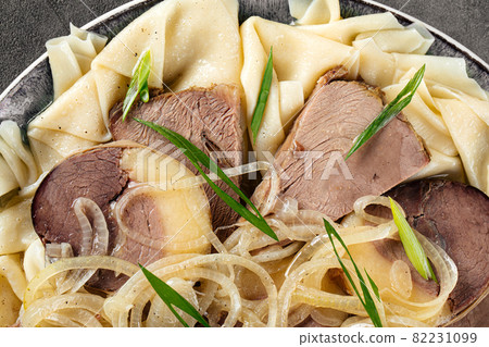 Macro closeup on kazakh beshbarmak with horse meat 82231099
