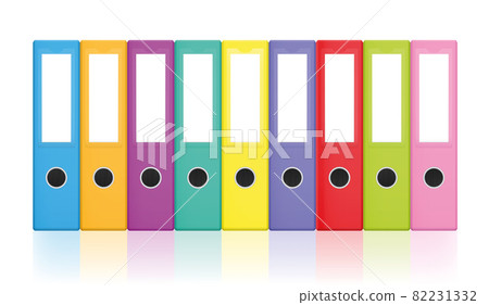Colorful ring binders, colored blank leaf binder collection for happy office work and tidy filing. Isolated vector illustration on white background. Colorful ring binders, colored blank leaf binder collection for happy office work and tidy filing. Isolated vector illustration on white background. 82231332