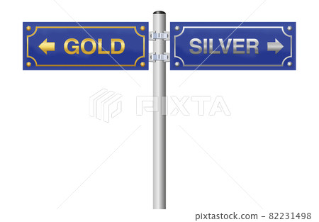 GOLD SILVER street sign, blue signpost - symbolic for decision to buy, sell or invest in gold or silver. Isolated vector illustration on white background. 82231498
