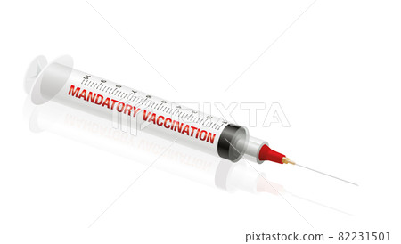 Mandatory vaccination syringe - medical fake product. Isolated vector illustration on white background. Mandatory vaccination syringe - medical fake product. Isolated vector illustration on white background. 82231501