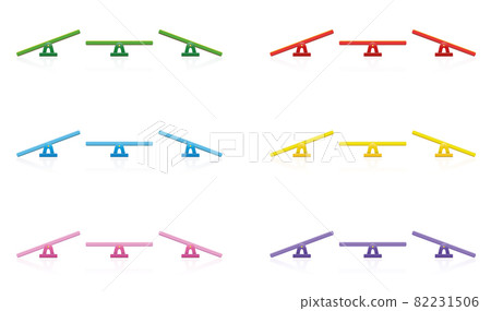 Colored seesaw set - colorful balance toy collection - three positions, equal and unequal weightiness, balanced and unbalanced - isolated vector illustration on white background. Colored seesaw set - colorful balance toy collection - three positions, equal and unequal weightiness, balanced and unbalanced - isolated vector illustration on white background. 82231506