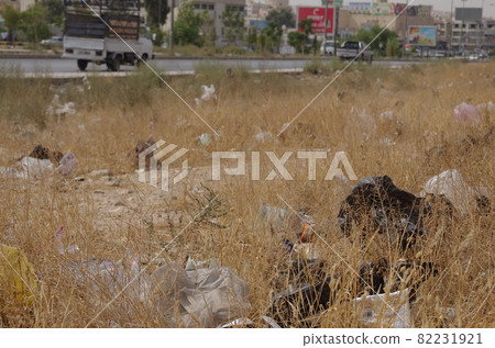 [Jordan] Zarqa, plastic trash abandoned in bushes on the side of the road 82231921