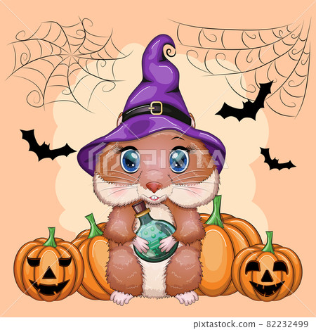 Cartoon hamster wearing a purple witch's hat and cloak with a broom, potion or jack pumpkin. Against the background of the castle, the moon, flying mice. Halloween poster Cartoon hamster wearing a purple witch's hat and cloak with a broom, potion or jack pumpkin. Against the background of the castle, the moon, flying mice. Halloween poster 82232499