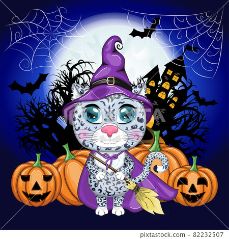 Cartoon snow leopard, leopard, akbars, irbis in a purple witch's hat and cloak with pumpkins, against the backdrop of a castle, the moon and trees. Halloween poster 82232507