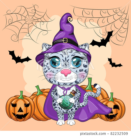 Cartoon snow leopard, leopard, akbars, irbis in a purple witch's hat and cloak with pumpkins, against the backdrop of a castle, the moon and trees. Halloween poster 82232509