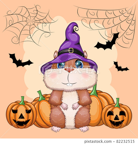 Cartoon hamster wearing a purple witch's hat and cloak with a broom, potion or jack pumpkin. Against the background of the castle, the moon, flying mice. Halloween poster 82232515