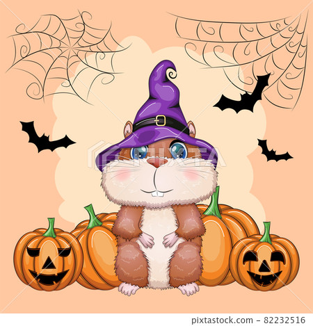 Cartoon hamster wearing a purple witch's hat and cloak with a broom, potion or jack pumpkin. Against the background of the castle, the moon, flying mice. Halloween poster Cartoon hamster wearing a purple witch's hat and cloak with a broom, potion or jack pumpkin. Against the background of the castle, the moon, flying mice. Halloween poster 82232516