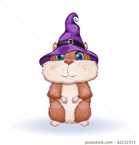Cartoon hamster wearing purple witch hat with broom, potion or pumpkin jack. Halloween poster Cartoon hamster wearing purple witch hat with broom, potion or pumpkin jack. Halloween poster 82232553