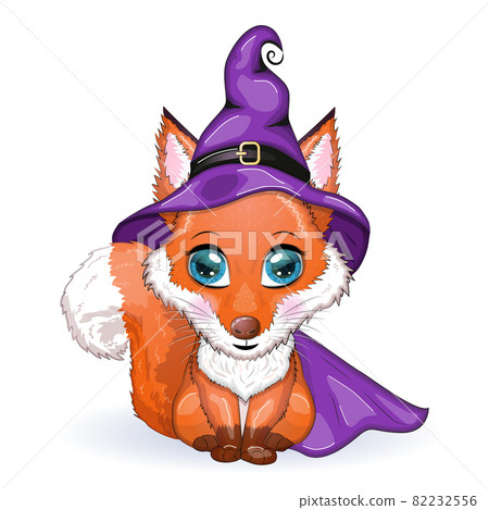 Cartoon fox in a purple witch hat and cloak. Halloween poster Cartoon fox in a purple witch hat and cloak. Halloween poster 82232556