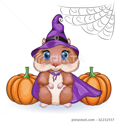 Cartoon hamster wearing purple witch hat with broom, potion or pumpkin jack. Halloween poster 82232557