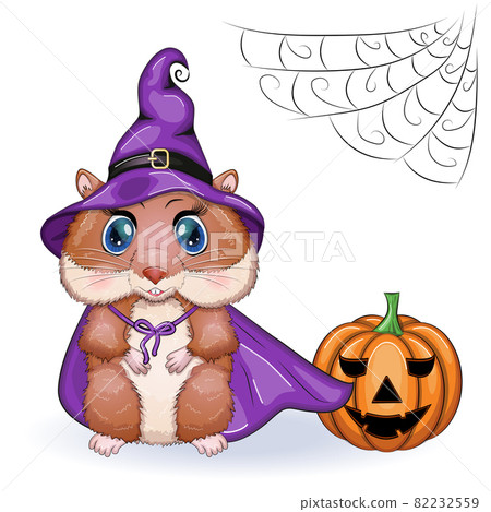 Cartoon hamster wearing purple witch hat with broom, potion or pumpkin jack. Halloween poster Cartoon hamster wearing purple witch hat with broom, potion or pumpkin jack. Halloween poster 82232559