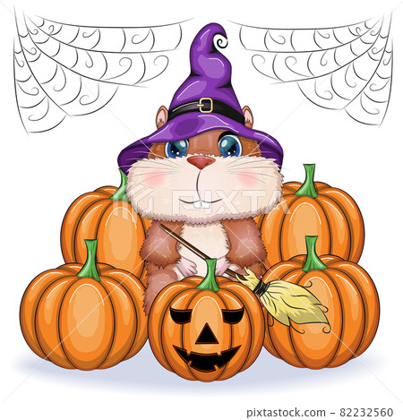 Cartoon hamster wearing purple witch hat with broom, potion or pumpkin jack. Halloween poster Cartoon hamster wearing purple witch hat with broom, potion or pumpkin jack. Halloween poster 82232560