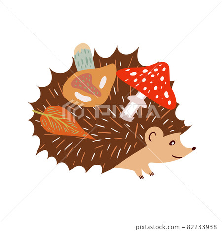 Autumn elements in warm colors with a hedgehog carrying mushrooms. Vector design for autumn card, poster, logo, print, etc. Autumn elements in warm colors with a hedgehog carrying mushrooms. Vector design for autumn card, poster, logo, print, etc. 82233938