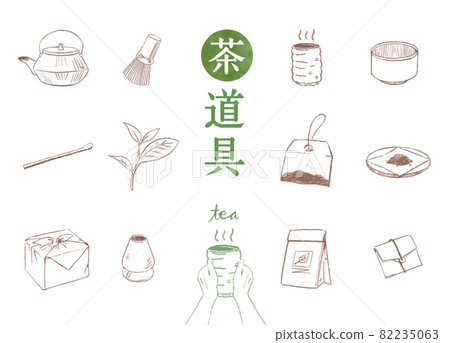 茶道中使用的工具的手寫線描插圖 82235063