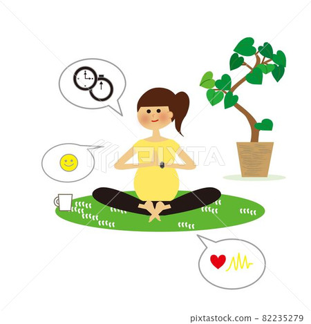 Pregnant woman doing yoga with a smart watch Home time Pregnant woman doing yoga with a smart watch Home time 82235279