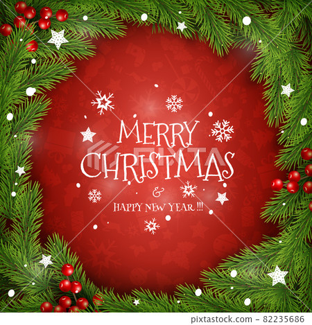 Christmas Wreath on Red Background. For Greeting Card, Poster and Banner. Christmas Wreath on Red Background. For Greeting Card, Poster and Banner. 82235686