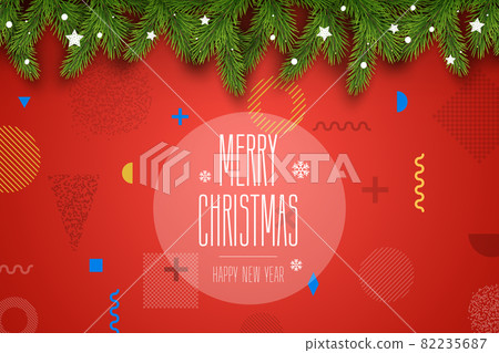 Christmas Vector Composition. Holiday Wishes on Red Background with Fir Branches Christmas Vector Composition. Holiday Wishes on Red Background with Fir Branches 82235687