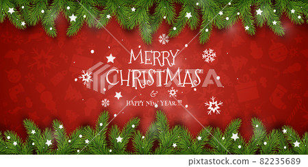 Christmas Vector Composition. Holiday Wishes on Red Background with Fir Branches Christmas Vector Composition. Holiday Wishes on Red Background with Fir Branches 82235689