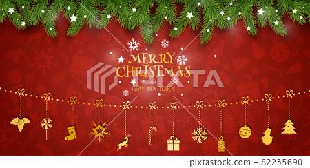 Christmas Vector Composition. Holiday Wishes on Red Background with Fir Branches Christmas Vector Composition. Holiday Wishes on Red Background with Fir Branches 82235690