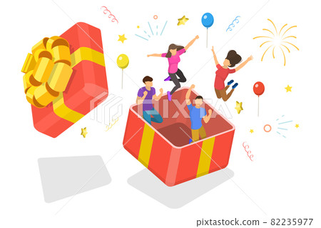 3D Isometric Flat Vector Conceptual Illustration of Surprise for Friend on Birthday. 82235977