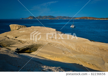Yacht boat at Sarakiniko Beach in Aegean sea, Milos island , Greece 82236656
