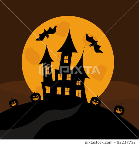 Ghost castle on the background of the full moon. Halloween holiday. Pumpkins and bats. Horror background. Create a postcard, poster, or flyer. Illustration in orange and black colors. Ghost castle on the background of the full moon. Halloween holiday. Pumpkins and bats. Horror background. Create a postcard, poster, or flyer. Illustration in orange and black colors. 82237752
