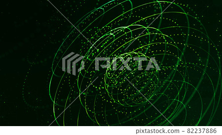 abstract sci-fi background with glow particles form curved lines, surfaces, hologram structures or virtual digital space. Green motion design background of microworld or cosmic space. Rings 82237886