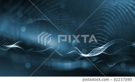 3d rendering background of microworld or sci-fi theme with glowing particles form curved lines, 3d surfaces, grid structures with depth of field, bokeh. 82237890