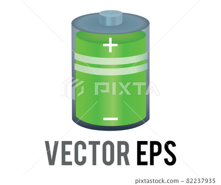 Vector green cylinder recharging battery cell icon with bolt, plus, minus symbol 82237935