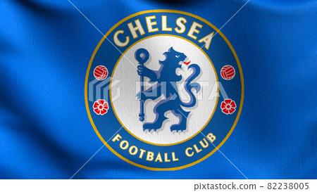 Chelsea flag blowing in the wind. Emblem of Football Club FC Premier League. Champion winner in soccer. 3d illustration. Sport team game. Chelsea flag blowing in the wind. Emblem of Football Club FC Premier League. Champion winner in soccer. 3d illustration. Sport team game. 82238005