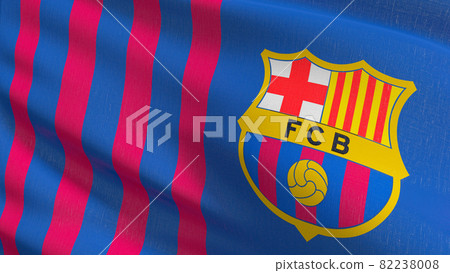 FC Barcelona flag blowing in the wind. Emblem of Football Club FC Premier League. Champion winner in soccer. 3d illustration. Sport team game. 82238008
