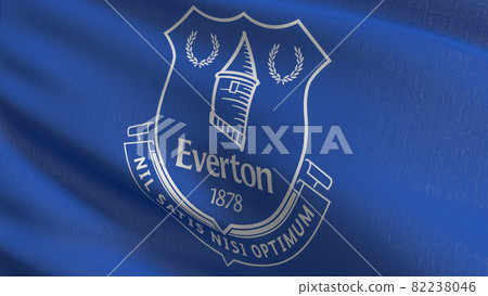 Everton flag blowing in the wind. Emblem of Football Club FC Premier League. Champion winner in soccer. 3d illustration. Sport team game. Everton flag blowing in the wind. Emblem of Football Club FC Premier League. Champion winner in soccer. 3d illustration. Sport team game. 82238046