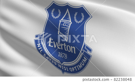 Everton flag blowing in the wind. Emblem of Football Club FC Premier League. Champion winner in soccer. 3d illustration. Sport team game. Everton flag blowing in the wind. Emblem of Football Club FC Premier League. Champion winner in soccer. 3d illustration. Sport team game. 82238048