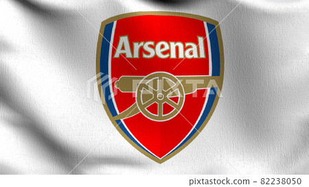 Arsenal flag blowing in the wind. Emblem of Football Club FC Premier League. Champion winner in soccer. 3d illustration. Sport team game. Arsenal flag blowing in the wind. Emblem of Football Club FC Premier League. Champion winner in soccer. 3d illustration. Sport team game. 82238050