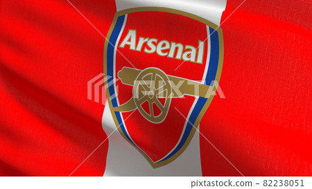 Arsenal flag blowing in the wind. Emblem of Football Club FC Premier League. Champion winner in soccer. 3d illustration. Sport team game. 82238051