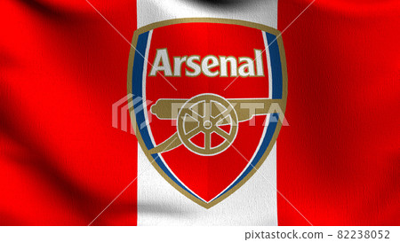Arsenal flag blowing in the wind. Emblem of Football Club FC Premier League. Champion winner in soccer. 3d illustration. Sport team game. 82238052