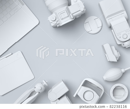 Top view of monochrome designer workspace and photography gear on black table Top view of monochrome designer workspace and photography gear on black table 82238116