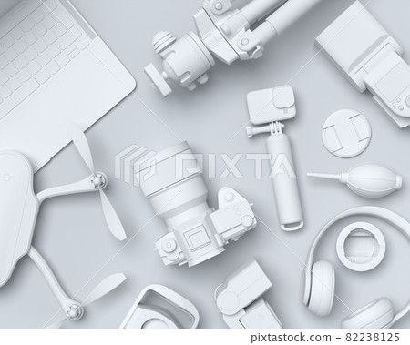 Top view of monochrome designer workspace and photography gear on black table Top view of monochrome designer workspace and photography gear on black table 82238125