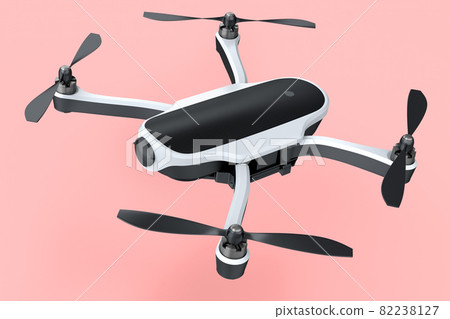 Flying photo and video drone or quad copter with action camera isolated on pink Flying photo and video drone or quad copter with action camera isolated on pink 82238127