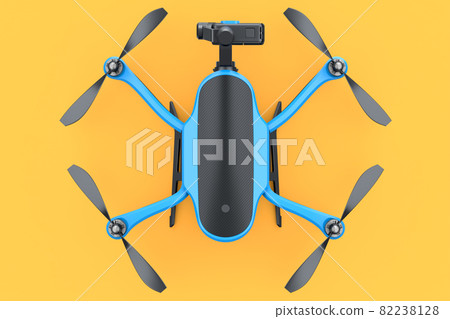 Flying photo and video drone or quad copter with action camera on orange Flying photo and video drone or quad copter with action camera on orange 82238128