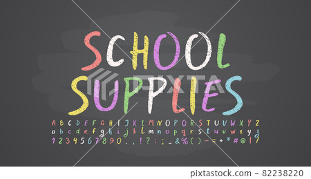 Multicolored school chalk style font. Vector alphabet letters and numbers on dark chalkboard 82238220