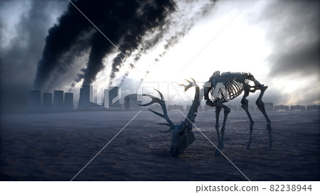 Ecology pollution concept. Dirty dark atmosphere. Deer skeleton. Ecological problem. Factory smoke. 3d rendering. 82238944