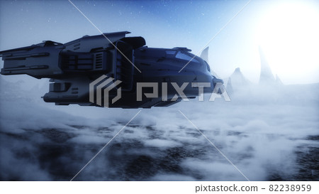 futuristic ship landing on alien planet. Mars surface. 3d rendering. futuristic ship landing on alien planet. Mars surface. 3d rendering. 82238959
