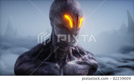 Alien on alien planet. Mars surface. UFO concept. 3d rendering. 82239009