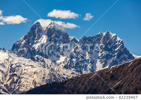 View of Mount Ushba. located in the Svaneti region of Georgia. Travel. View of Mount Ushba. located in the Svaneti region of Georgia. Travel. 82239407