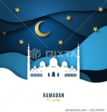 Ramadan Kareem paper art background with mosque, moon and stars. Ramadan Kareem paper art background with mosque, moon and stars. 82239443