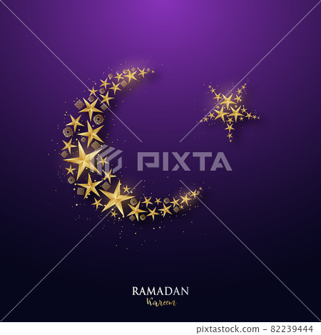 Ramadan Kareem banner with golden crescent and stars. Ramadan Kareem banner with golden crescent and stars. 82239444