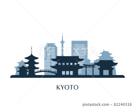 Kyoto skyline, monochrome silhouette. 82240316
