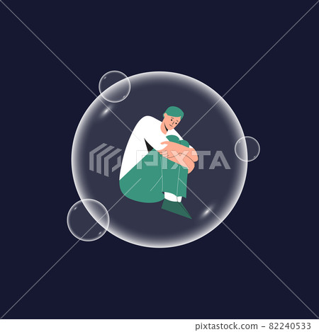 The concept of depression, social isolation, loneliness and mental disorders. Depressed young male character with green hair sits in bubble. Lonely person in vacuum. Vector illustration in flat style. 82240533